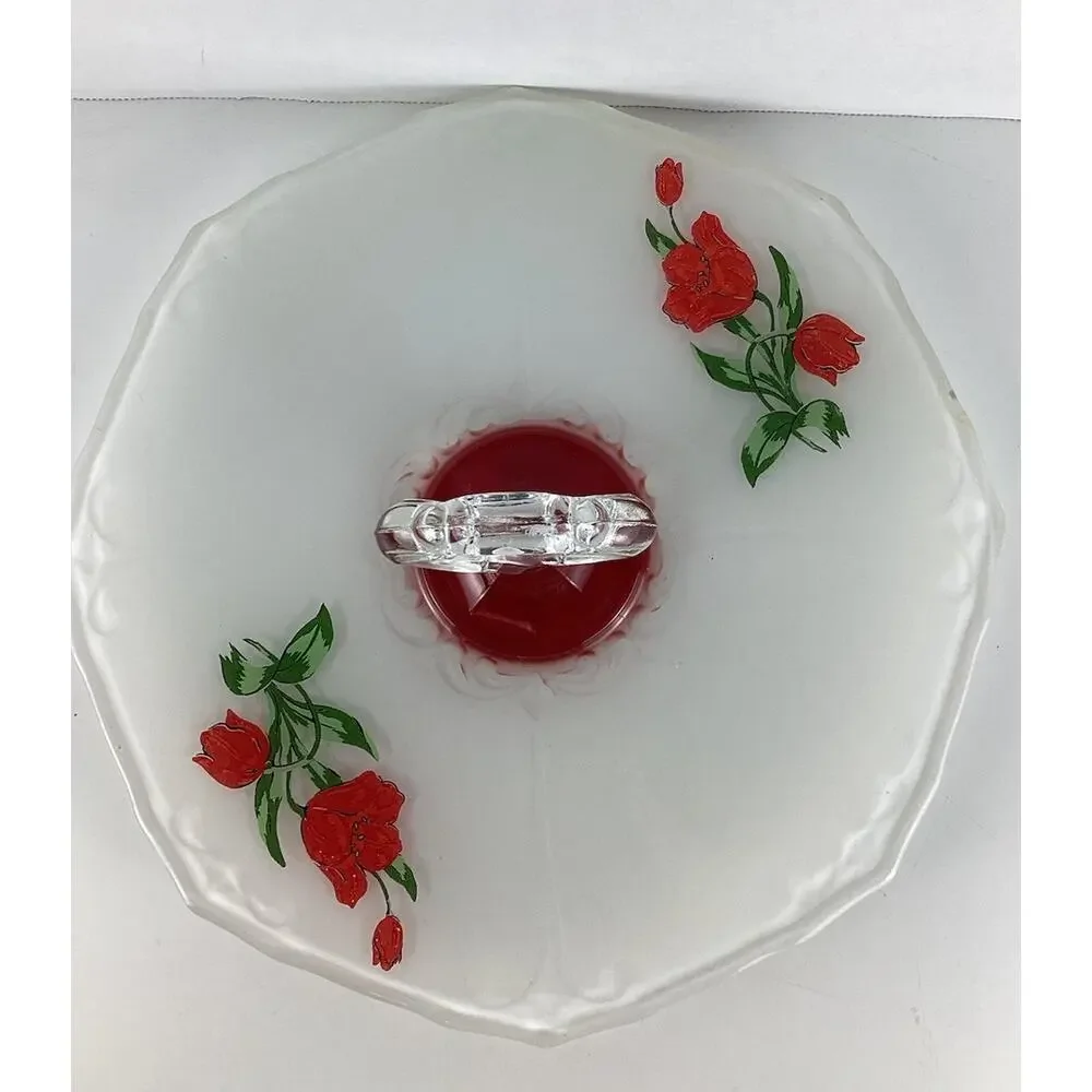Clear Red Cake Plate Tulip Indiana Glass Painted Tidbit Tray with Key Handle